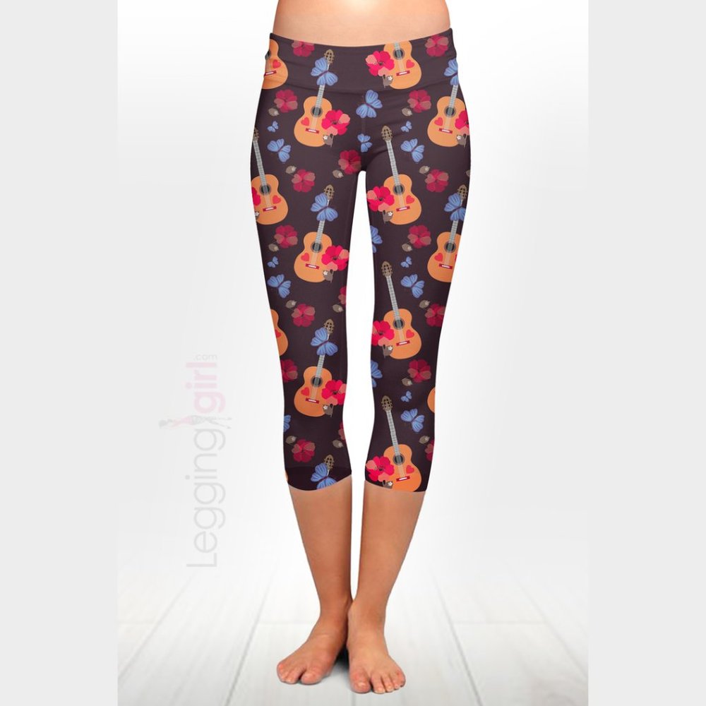 Live Music Capris - Guitars and Flowers Wide Band Printed Women's Leggings One S